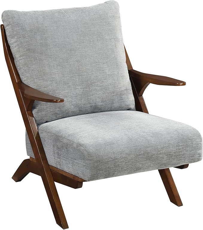 Lexicon Mid Century Modern Accent Chair Pascal Brown Solid Rubberwood Frame Reversible Back Cushion Woven Chenille Upholstered Reading Chair for Living Room/Bedroom/Office Grey