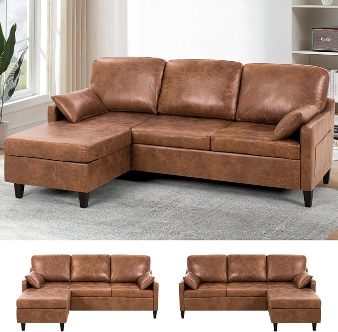 76 Sectional Sofa Couch w/Reversible Chaise Suede Leather L Shaped Sofa w/USB Charger Ports &amp Storage Bag Convertible Modern Couch w/Storage Space for Living Room Small Space Brown