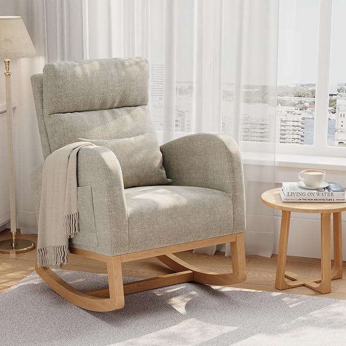 GarveeHome Linen Rocking Chair Modern Nursery Glider Chair with Side Pockets and Pillow Rocker Chair for Living Room Bedroom Nursing Room Grey