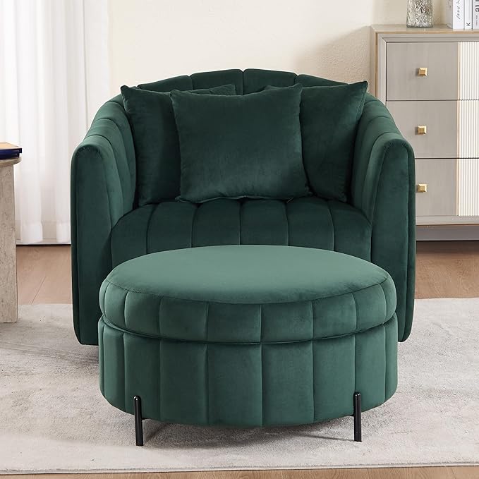 Mlmh &amp Kngwa 40.35 W Swivel Accent Chairs with Ottoman Oversized 360 Degree Swivel Barrel Chair with 3 Pillows Velvet Armchair for Living Room Bedroom Green