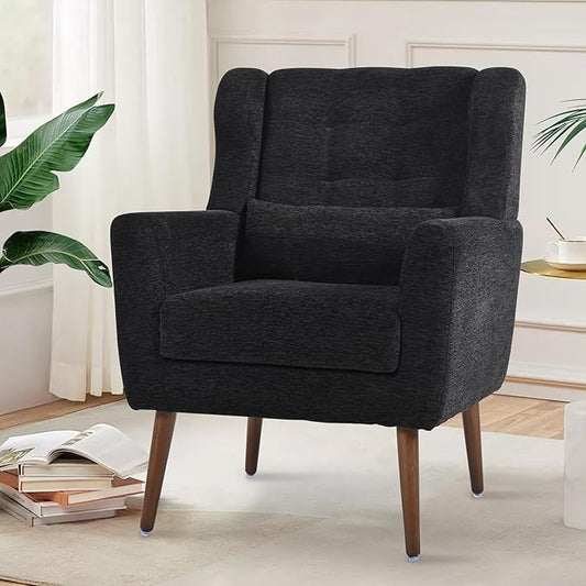 Modern Accent Chair Upholstered Arm Chair with Waist Pillow Single Sofa Chair for Living Room Bedroom Small Spaces (Black)