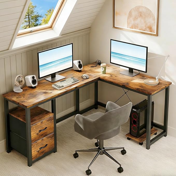 Gizoon 66 Inch L Shaped Desk with Drawers Reversible Corner Computer Desk with Power Outlets Home Office Desk with Moveable CPU Stand Large Gaming Desk Rustic Brown