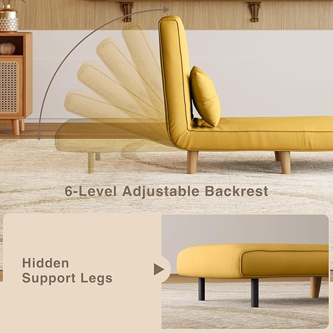 Aiho Futon Sofa Bed 3-in-1 Convertible Sleeper Chair Bed Futon Chair with 6-Level Adjustable Backrest and Pillow for Apartment Dorm Office Linen Yellow