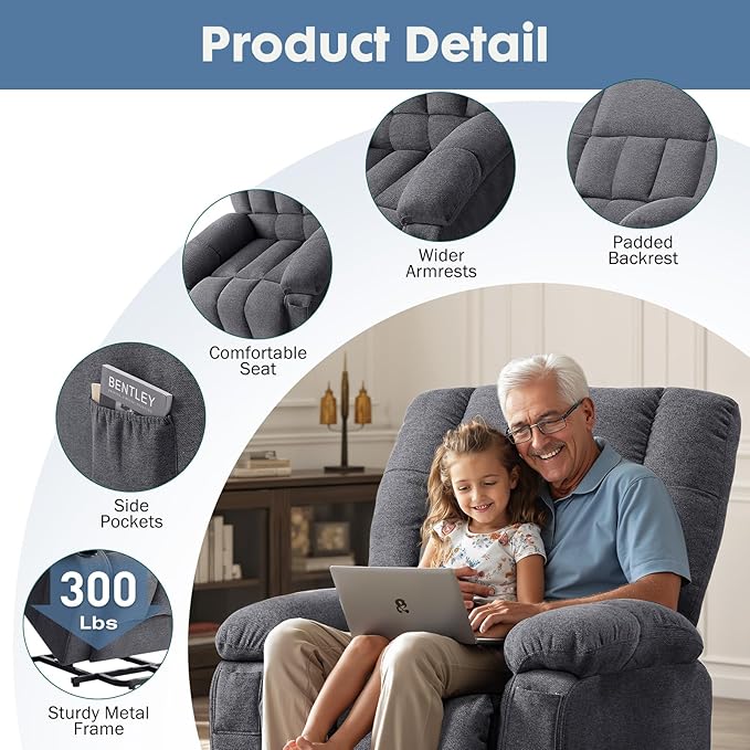 DUMOS Power Lift Recliner Chair with Vibration Massage and Heat for Elderly Ergonomic Overstuffed Breathable Fabric Reclining Chair with 3 Pockets Remote Control Living Room Bedroom Grey