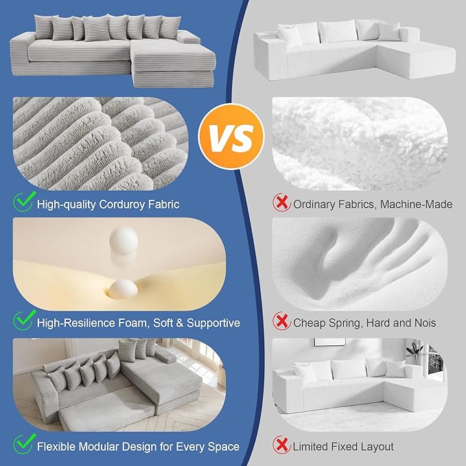 110'' Oversized Cloud Sectional Couches for Living Room Convertible Sleeper Sofa Bed Big Comfy Couch with 2 Side Pockets &amp 8 Pillows Corduroy Free-Combined (Light Gray 110 -Right Facing Chai