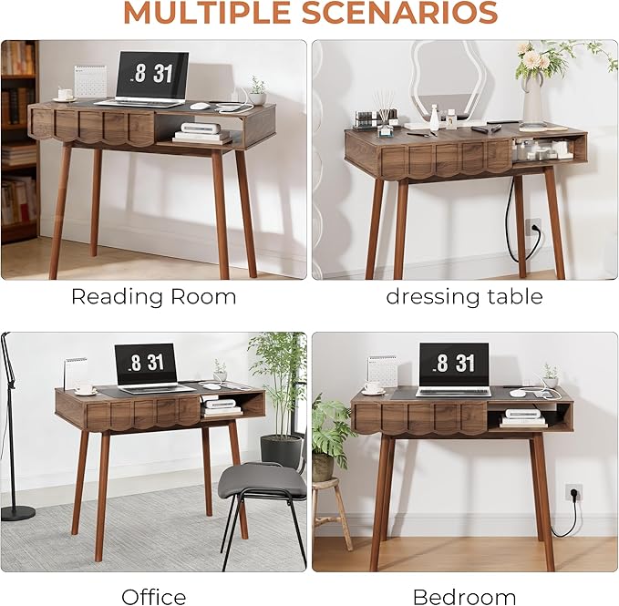 Pekdi Mid Century Modern Desk Modern Home Office Writing Desk with Open Storage Cubby and Small Drawer for Bedroom Small Space Walnut