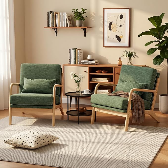 Claiks Mid-Century Modern Accent Chair Living Room Armchair with Solid Wood Frame &amp Lumbar Pillow Comfy Upholstered Lounge Chair for Bedroom Office Linen-Like Fabric Green