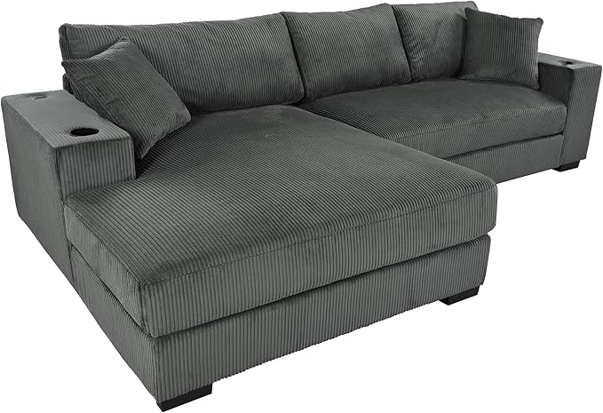 Ball &amp Cast Oversized L-Shaped Sectional Sofa with ChaiseLarge Comfy Upholstered Couch W/Thick CushionBuilt-in Cup Holders &amp Charging PortsWide &amp Thick Armrests &amp Seat Designfor Li
