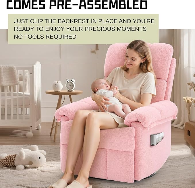 Recliner Chair Swivel Rocker Recliner Chair for Adults Small Recliners for Small Spaces Manual Recliner with Side Pockets Upholstered Nursery Rocking Chair for Living Room Sherpa Pink