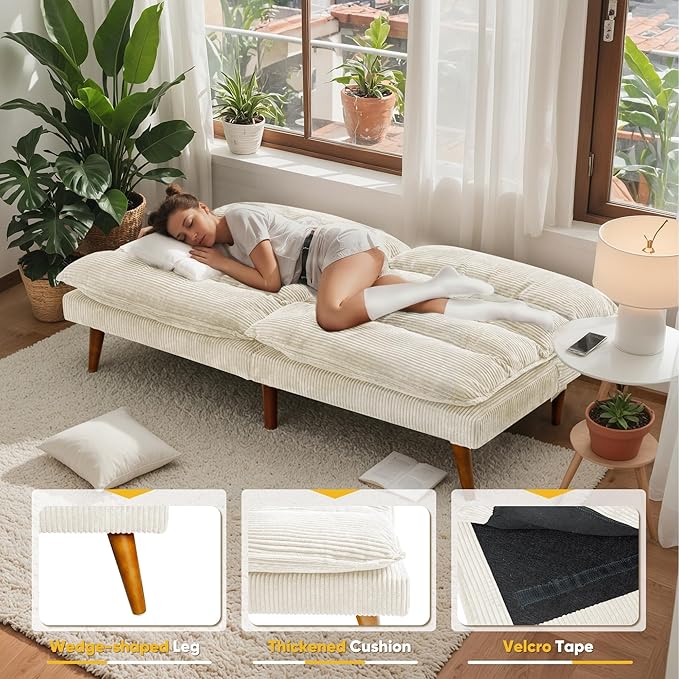 Flamaker Convertible Futon Sofa Bed Futon Couch with Adjustable Back Upholstered Sleeper Sofa Bed for Living Room Furniture (Corduroy White)