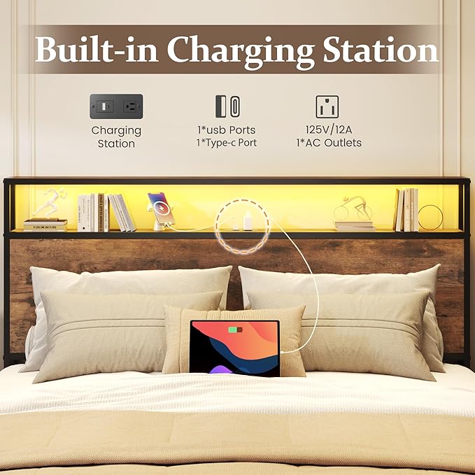 Lifezone Queen Bed Frame with 2-Tier Storage Headboard Metal Bed Frame with Storage Drawers &amp Built-in Charging Station &amp LED Noise-Free No Box Spring Needed Easy Assembly Rustic Brown