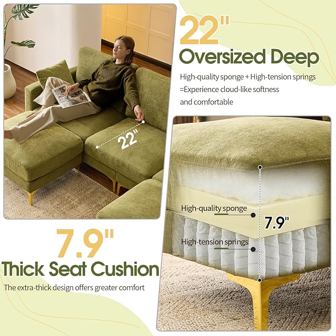 VINGLI 100 W U Shaped Couch with Ottoman 22 Deep Seat Comfortable Sectional Couches for Living Room 3 Seater Chenille Fabric Cloud Sofa for Apartment Small Spaces Bedroom Green