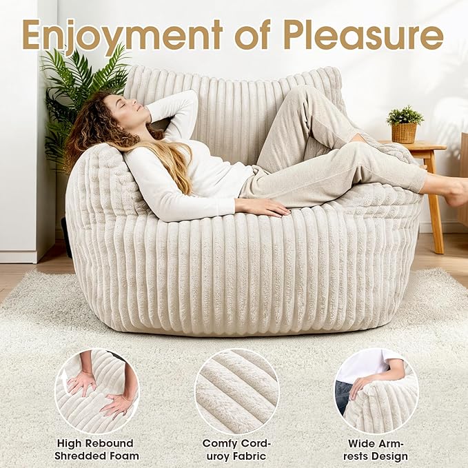 Giant Bean Bag Chair with Ottoman Oversized Plush Comfy Bean Bag Sofa for Adults and Kids Memory Foam Mini Couch Single Lounges for Living Room Bedroom &amp Game Room(Beige)