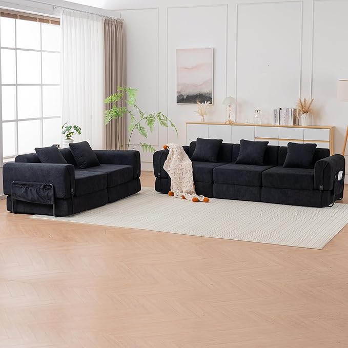 Cloud Modular Sectional Sofa Foldable Floor Couch Bed Convertible Sleeper Sofa Bed Fold Out Boneless Couches for Living Room Office Guest Room Apartment (3 Seater Couch Black)