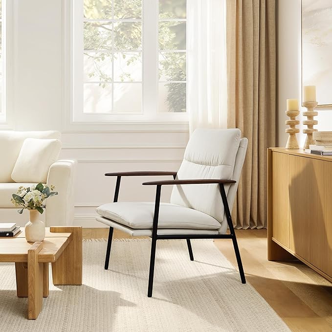 Zouron Upholstered Accent Chair with Metal Frame Modern Living Room Reading Chair with Wooden Armrests and Cushion Back Beige
