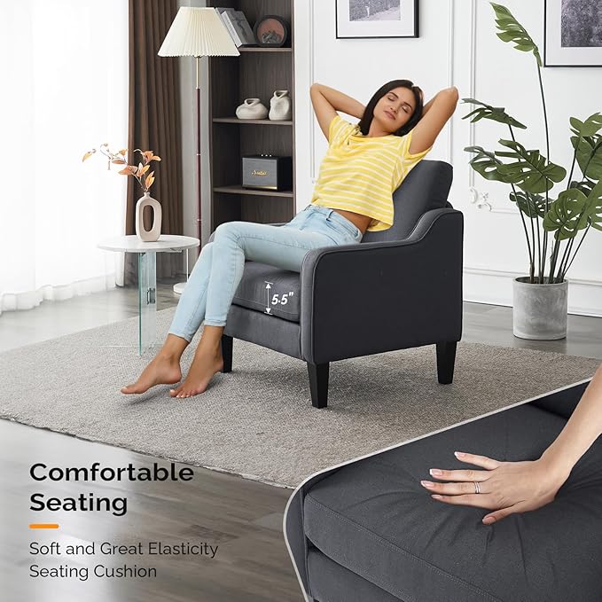 VINGLI Mid-Century Modern Accent Chair Dark Grey Linen Upholstered Comfortable &amp Supportive 380lbs Weight Limit Perfect for Living Room Bedroom Office