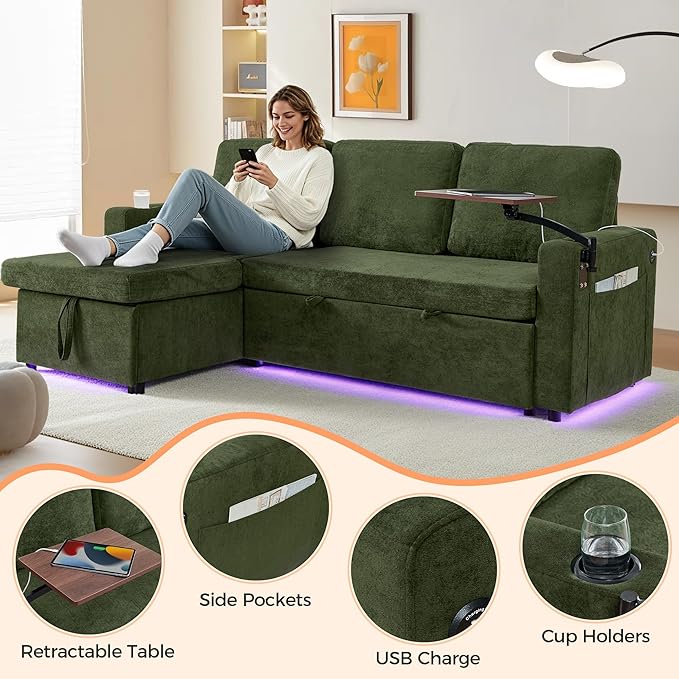 LED Sectional Sleeper Sofa with Pull Out Bed Convertible L Shaped Sofa with Storage Chaise Lounge Retractable Table USB Cup Holders Comfy 3-Seater Sleeper Couch for Living Room (Green)
