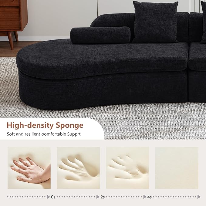 Modern 260 Curved Modular Sectional Sofa Extended 4-Seater Sofa Seats Up for 8 Chenille Foam Curved Modular Couch with Pillow for Apartment Living Room BedroomOffice (L+2M+R Black)