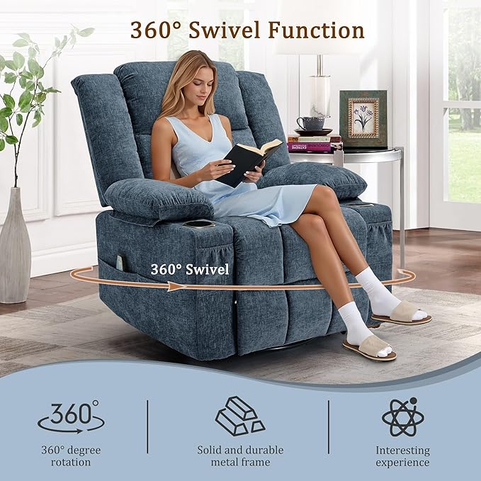 Adult 360° Swivel Recliner Chair with Massage and Heating Functions Suitable for Nurseries Features a Cup Holder and Manual Seat Adjustment Ideal for Living Rooms and Bedrooms (Fabric Blue)