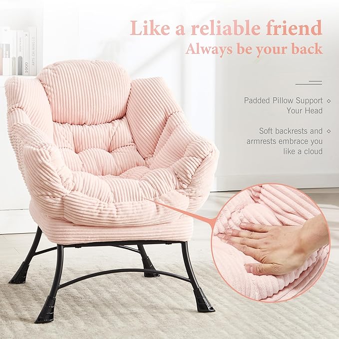 HOMEFUN Lazy Chair with Ottoman Bedroom Chairs for Adults Comfy Reading Chair for Living Room Office Modern Lounge Accent Chair with Armrests Ergonomic Footrest for Small Spaces Pink