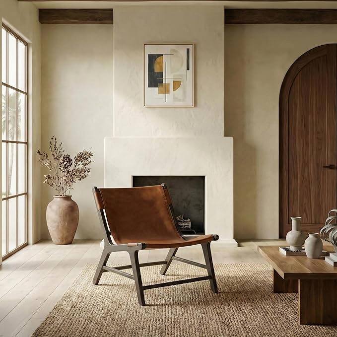 SAFAVIEH Couture Collection - Alanarose Walnut Brown Solid Teak Wood Accent Chair Modern Sling Style Leather Seat Fully Assembled (SFV1903B)