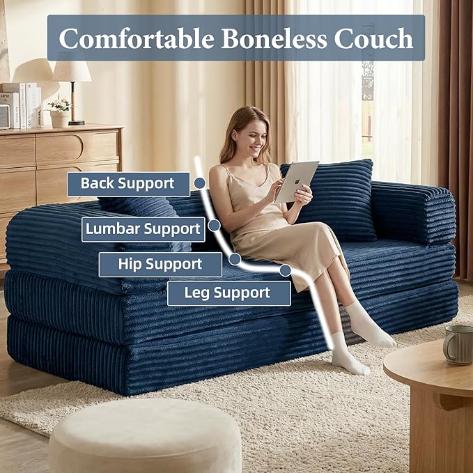 78 Inch Convertible Folding Sleeper Sofa Bed Fold Out Floor Sofa Couch with Fixed-Shape Frame Cloud Corduroy Foldable Mattress Couch for Living Room Bedroom (Blue)