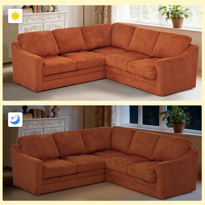 89 Inches Corduroy Sectional Sofa with High Density Sponge Modern 5 Seats Corner Couch with Deep Seat Comfy Modular L Shaped Couch with Comfortable Back Cushions for Living Room Orange