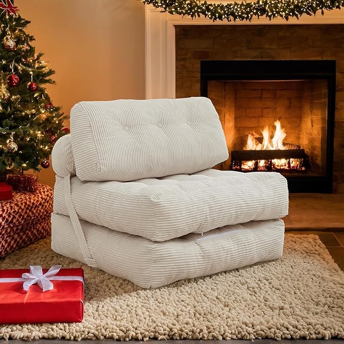ijuicy Folding Sofa BedCorduroy Futon Sofa Bed Convertible Sleeper Chair with Pillow Foldable Mattress with Back Support Floor Couch for Adults for Living RoomNo Assembly（Beige/Single）