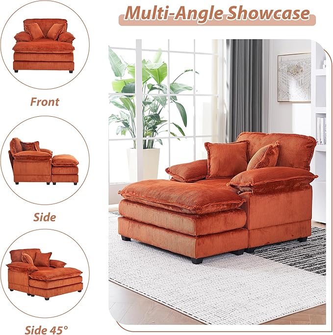 TTK Oversized Chaise Lounge Chair with Ottoman - 39.17 Wide Modern Sleeper Sofa for Living Room Bedroom &amp Office - Deep Seat Sectional Couch with Pillow Comfortable Reading ChairOrange