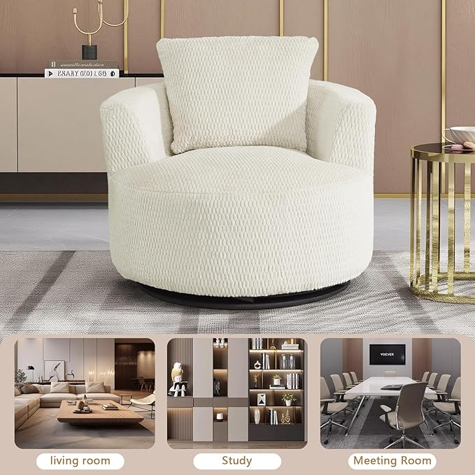 mikibama Swivel Accent Chair 360° Round Swivel Barrel Chair with Pillows Upholstered Corduroy Armchair Sofa Chair for Living Room Bedroom Reading Room Cream
