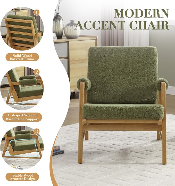 HEAH-YO Modern Accent Chair Set of 2 Upholstered Boucle Fabric Living Room Chair with Wooden Frame Comfy Armchair with Thick Cushion for Bedroom Balcony Green