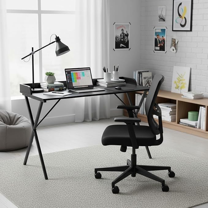 FurnitureR Home Office Writing Desk with Baffle 47.2 Computer Study Desk with X-Shaped Metal Legs Modern Laptop PC Table for Small Spaces Black