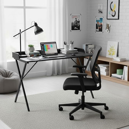 FurnitureR Home Office Writing Desk with Baffle 47.2 Computer Study Desk with X-Shaped Metal Legs Modern Laptop PC Table for Small Spaces Black