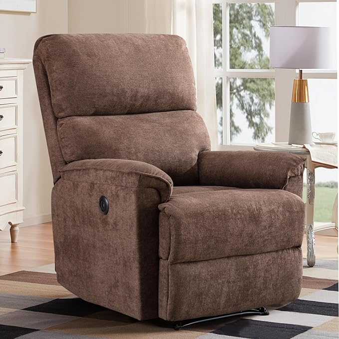 EBELLO Power Recliner Chair Electric Recliner Breathable Fabric Single Overstuffed Recliner Sofa with USB Charge Port for Elderly Living Room Bedroom Brown