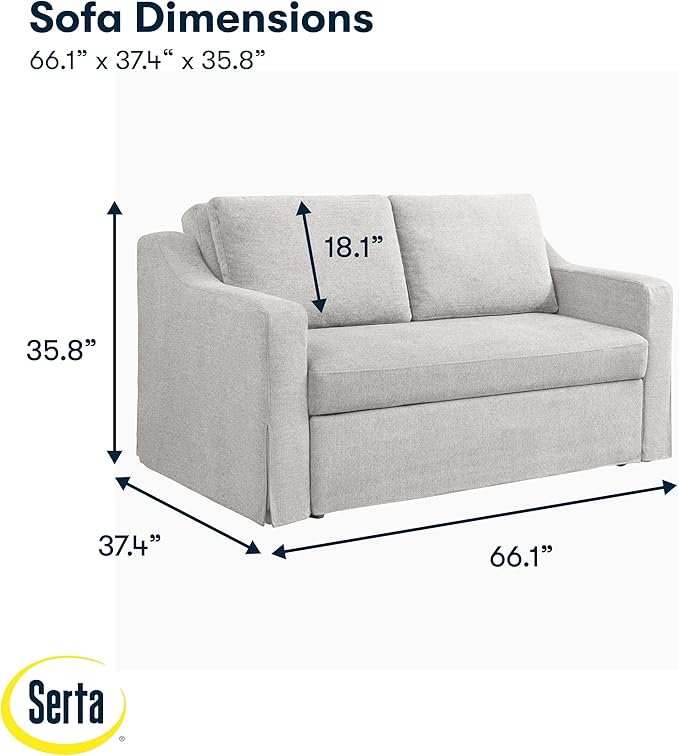 Serta Hawthorne 66.1 Slipcovered Convertible Sleeper Loveseat Full Size Dreamcoil Comfort FingerGuard Pinch Point Protection Polyester Tweed Fabric Linen
