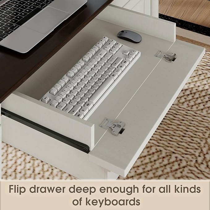 61.85″ Executive Desk with Roman Column Design Large Boss Office Desk 3 Drawers incl. File Drawer Keyboard Tray Cabinet Shelf with Door White with Brown Desktop