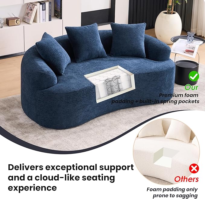 65 Curved LoveseatDeep Seat Cloud Floor Couch with 3 BackrestCozy Chenille FabricSmall Loveseat for Small SpacesBedroomOfficeApartment (Blue 65 Inch)