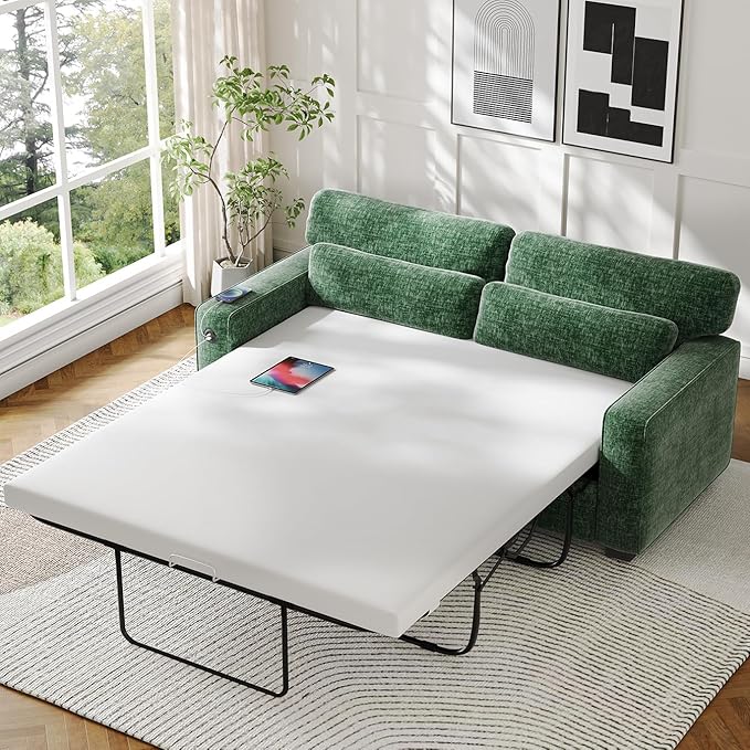 Marsail Pull Out Sofa Bed Queen Size Sleeper Sofa with Memory Foam Mattress 2-in-1 Convertible Chenille Couch Bed with 2 USB Charging and Removable Covers Loveseat for Living Room Apartment Green