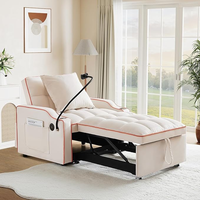 Convertible Sleeper Chair Sofa Bed3 in 1 Velvet Tufted Pull Out Couch with Swivel Phone Holder &amp USB PortsFuton Small Couch Bed w Cup Holders &amp Adjustable Backrest for Living RoomSmall Plac