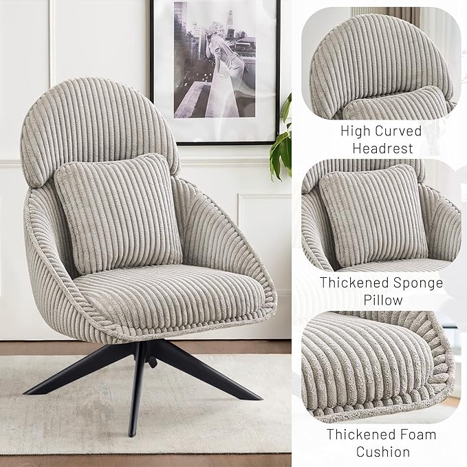 Furniliving Modern Living Room Chair Swivel Accent Chair for Living Room Desk Chair with Arms Bedroom Chair with Headrest Sofa Chair Side Chair with Pillow ArmchairCorduroy Grey