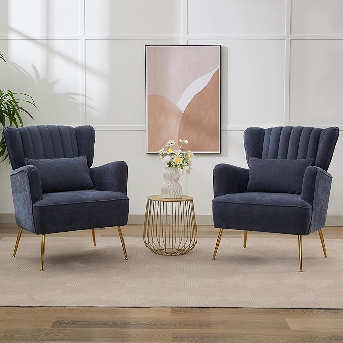 Fabric Accent Living Room Arm Chair Set of 2 Mid Century Modern Chairs with Pillow &amp Golden Legs 8.5 Thick Cushion Upholstered Comfy Sofa Armchair for Reading Room/Bedroom Navy