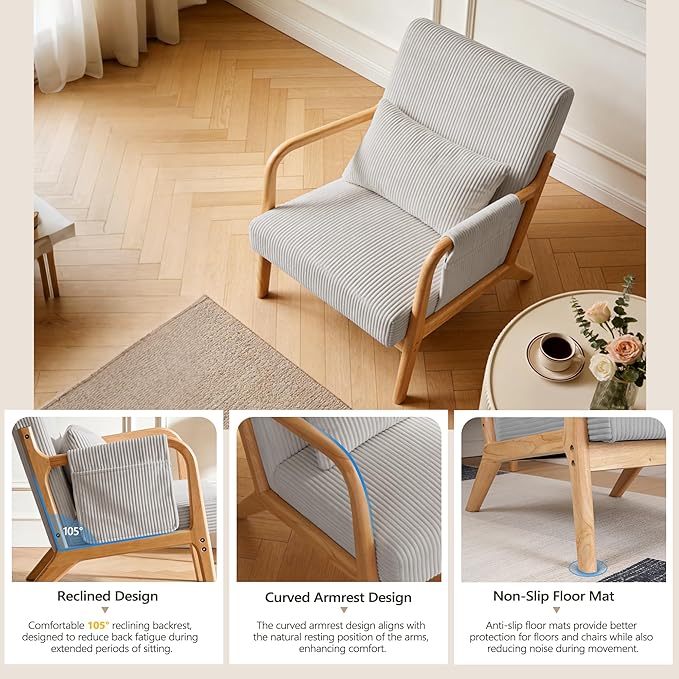 Mid-Century Modern Accent Chairs Upholstered Fabric Lounge Arm Chair with Storage Pocket Lumbar Cushion &amp Solid Wood Frame for Living Room Bedroom Balcony (Light Gray)
