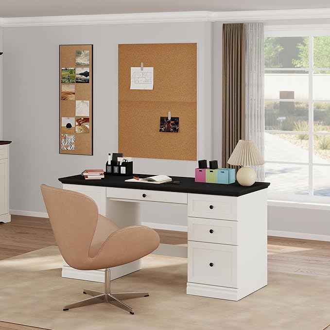 60.5 Executive Office Desk Classic Computer Desk with File Drawer Keyboard Tray Cabinet Storage Farmhouse Wood Writing Desk for Home Office or Study White with Black Desktop