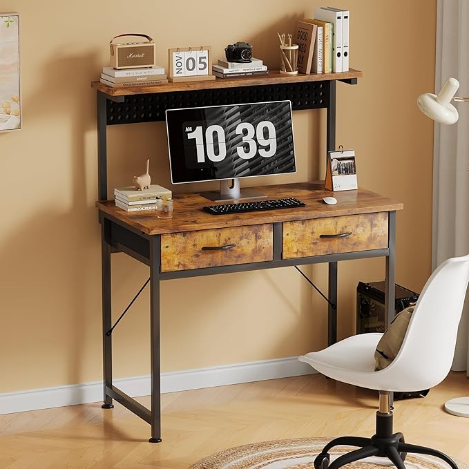 MUTUN Small Desk with Drawers 31 Inch Computer Desk with Power Outlet &amp LED Light Gaming Desk with Adjustable Monitor Stand &amp Pegboard Modern PC Study Writing Table for Bedroom Rustic Brow