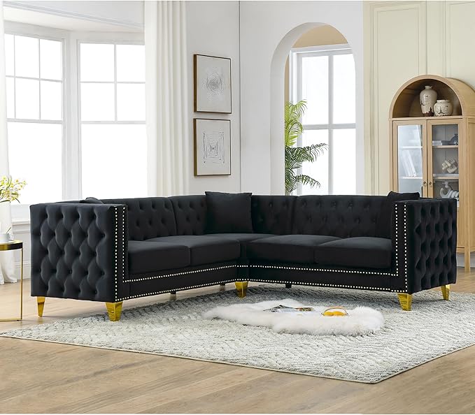 mikibama Velvet Modular Sectional SofaModern L-Shaped Sofa Couch with Nailhead Trim5 Seater Corner Sofas for Living RoomApartmentButton Tufted with Gold Metal Legs (Black L-Shape)