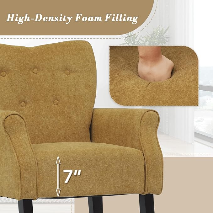 Athena Collection Mid Century Modern Chair for Living Room Upholstered Wingback Reading Chair for Adults Comfy Linen Fabric Armchair with Wooden Legs for Bedroom Dorm Balcony Yellow