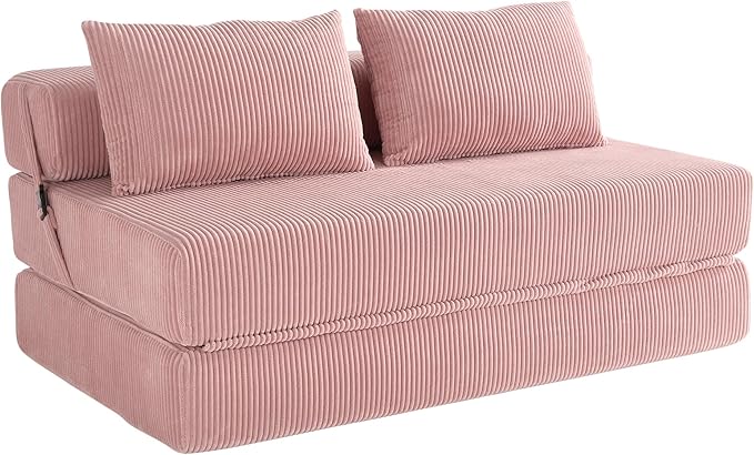KIVENJAJA Folding Sofa Bed Full Size 3-in-1 Convertible Sleeper Sofa Corduroy Foldable Boneless Floor Futon Couch with Backrest &amp Pillows for Home Living Room Office Apartment Small Spaces Pink