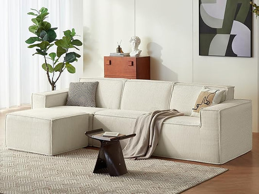 LINSY HOME Modular Sectional Sofa 105 Boneless Couch L Shaped 3-Seat Sofa with Movable Ottoman Corduroy Sectional Cloud Couches for Living Room No Assembly Required Beige