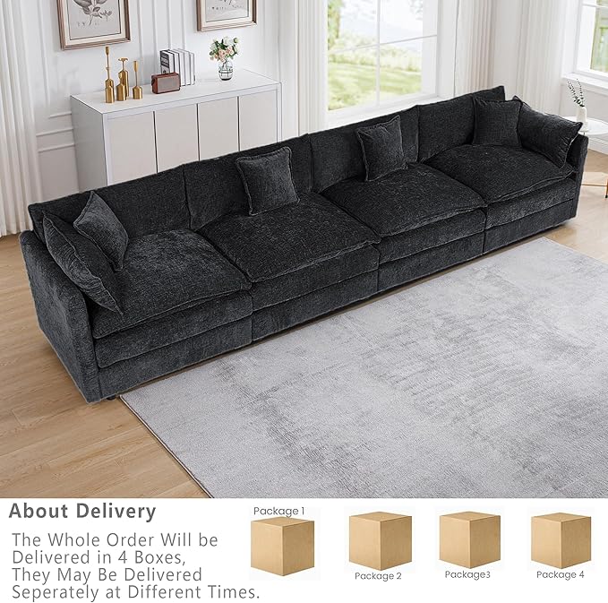 Setawix Chenille Cloud Couches for Living Room4 Seater Cloud Sofa Couch with Deep Seat147.22 Roomy Cloud SofasModular Sectional 4 Seat Sofa with Pillows for Bedroom (Black 4 Seater)