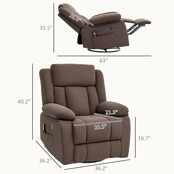 HOMCOM Swivel Rocker Recliner Chair with Vibration Massage and Heat Oversized Velvet Manual Glider Recliner Rocking Chair with Footrest Remote Side Pockets for Living Room Brown